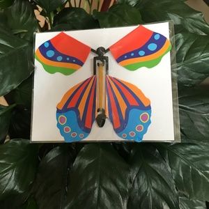 Butterfly Toy Wind and Let Go Book Gift Box and Card Insert Bright Orange Blue